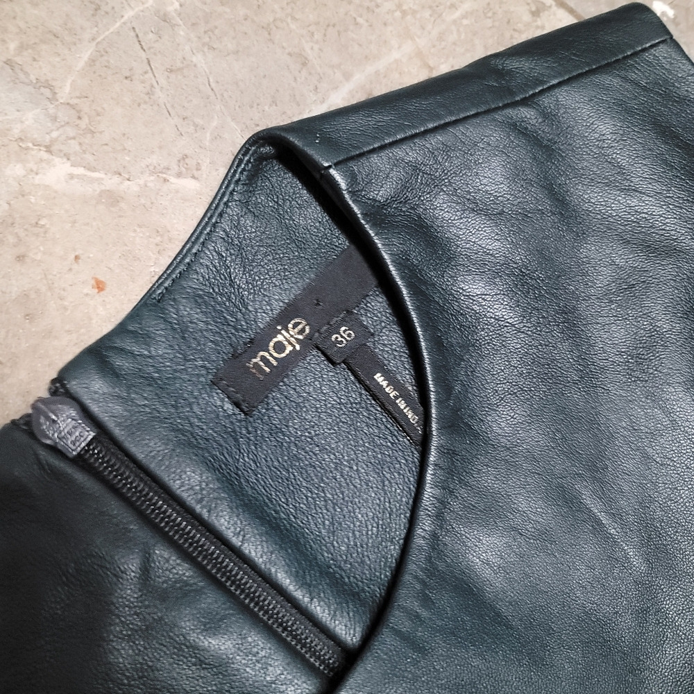 Maje Twist-front Lamb Leather Mini Dress Dark Green Sleeveless - Picture 6 of 9